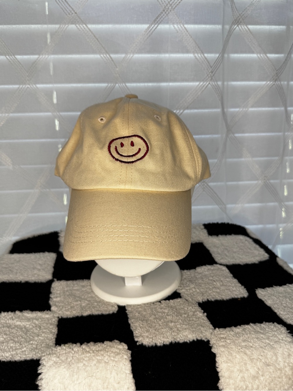Embroidered Smiley Face Beige Cotton Baseball Cap Adjustable Dad Hat